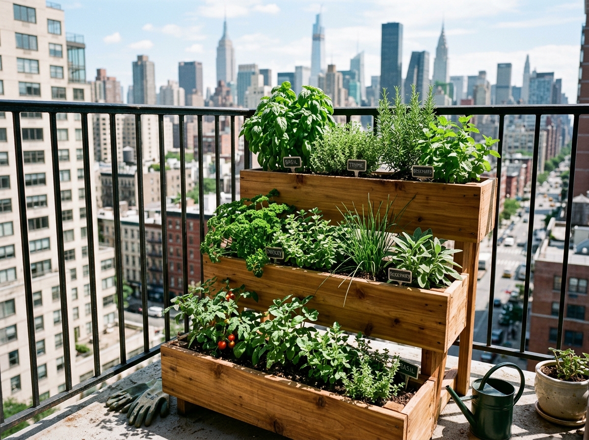 Tiered cedar planters on a small urban balcony - compact herb garden