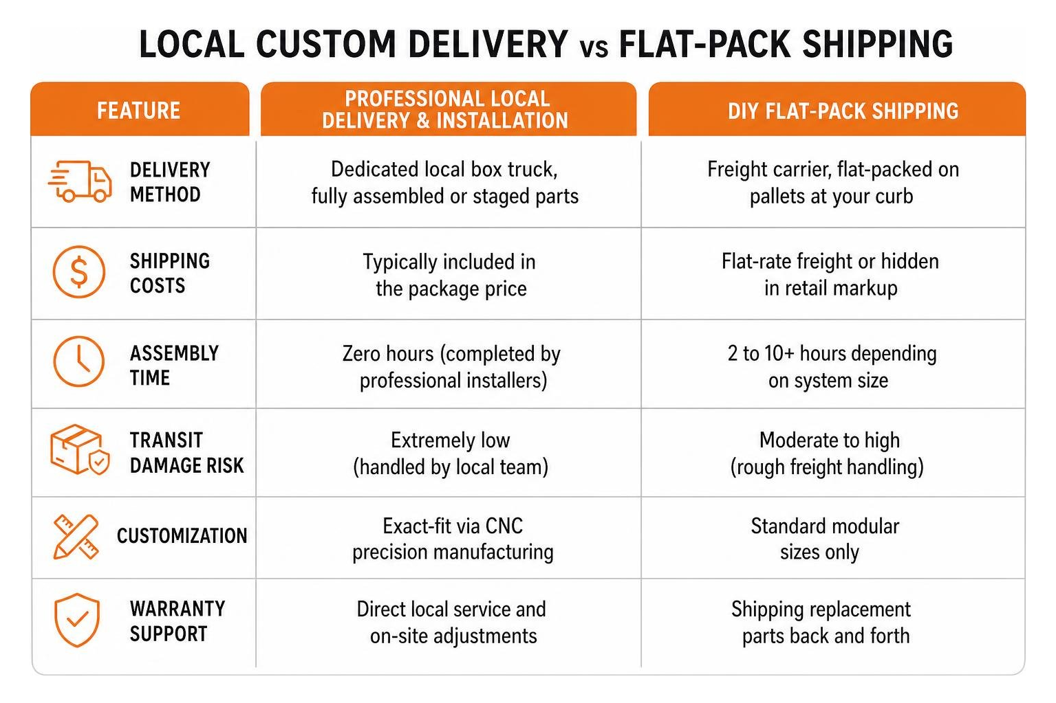 Comparison of local custom vs flat pack shipping options Comparison of local custom vs flat pack shipping options