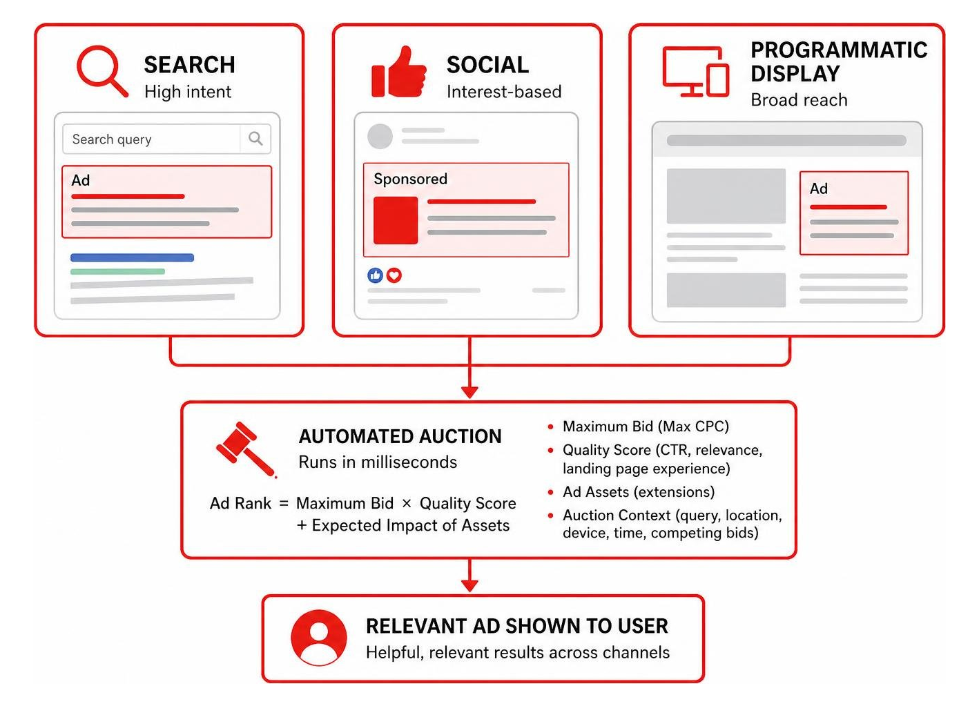 Multi-channel ad delivery showing search, social, and programmatic display touchpoints