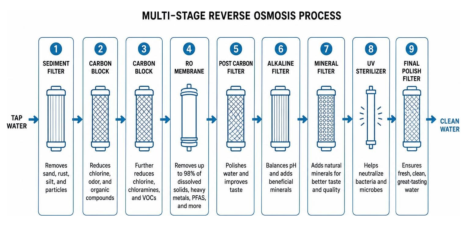 Diagram showing multi-stage reverse osmosis process