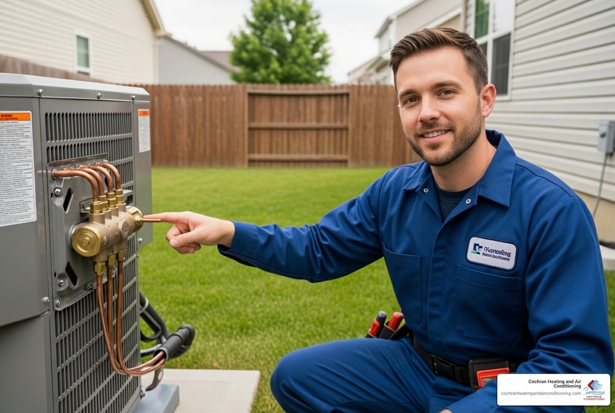 technician pointing to reversing valve - heat pump reversing valve repair