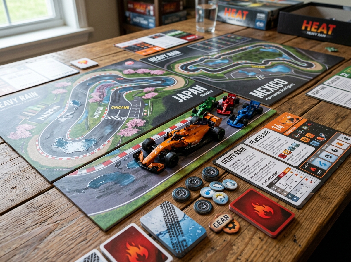 Components of Heat: Heavy Rain expansion including the orange car and new track mats - best board game expansions 2024