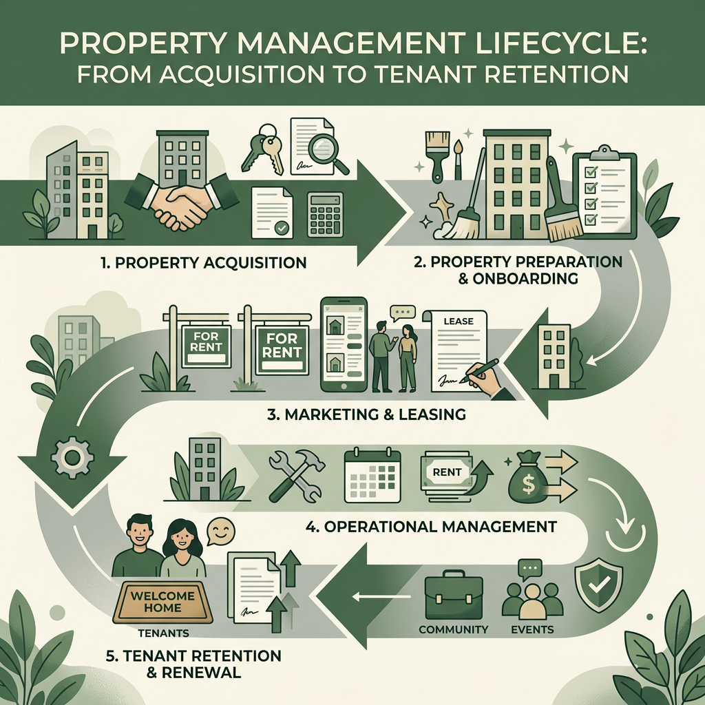 property management lifecycle from acquisition to tenant retention - real estate and property management infographic 