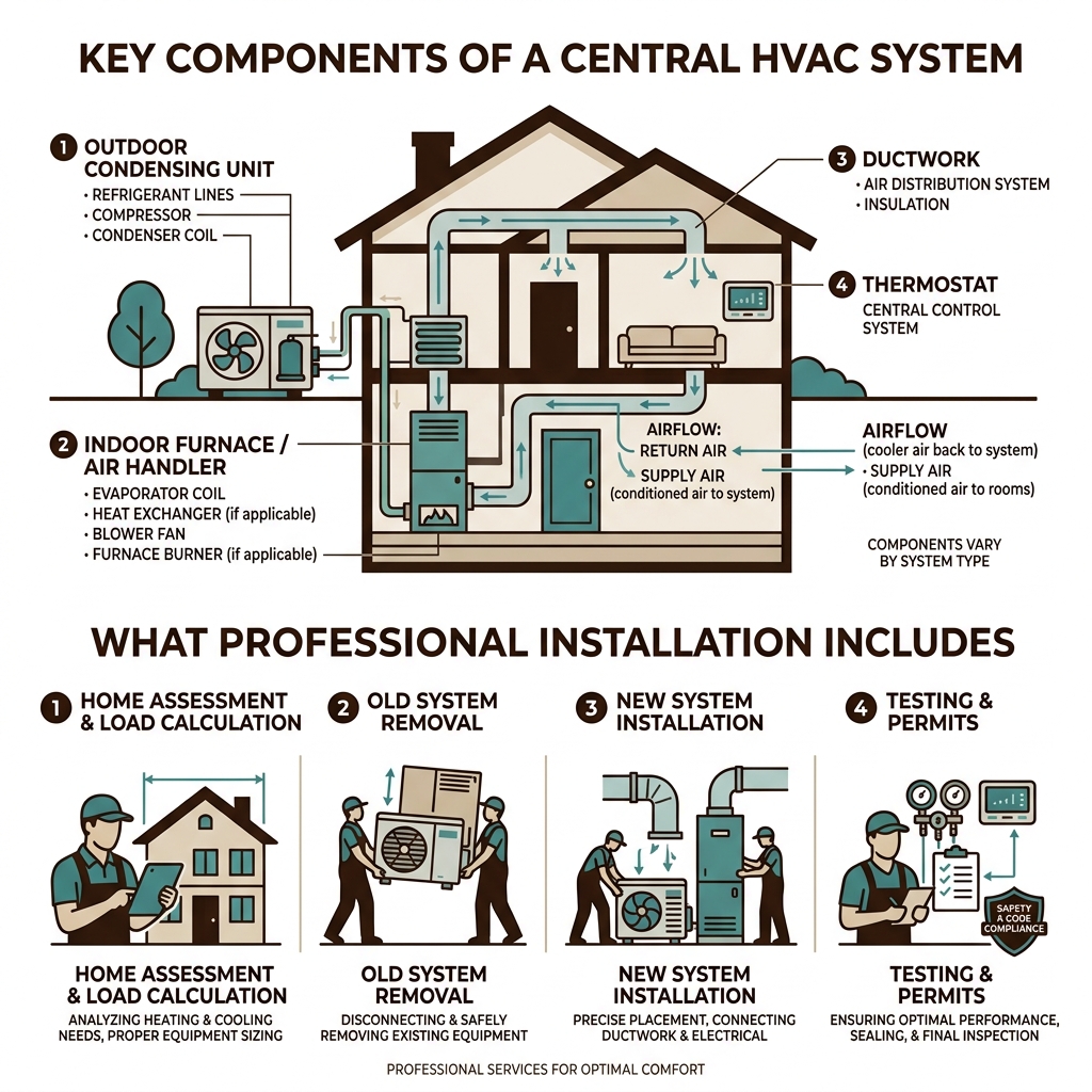 Infographic showing key components of a central HVAC system and what professional installation includes - residential HVAC