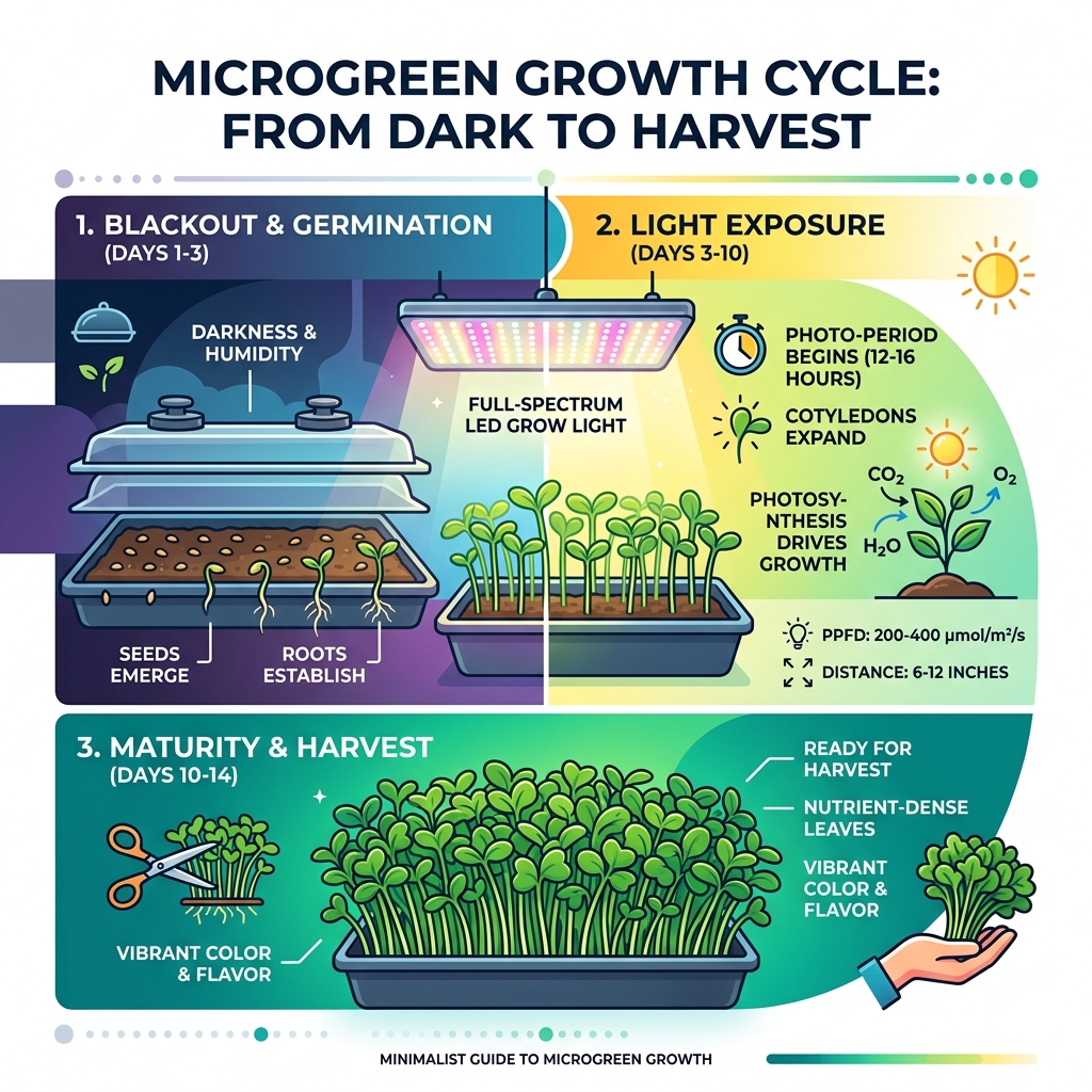 Microgreen growth cycle infographic from blackout germination phase through light exposure to harvest - microgreen light Microgreen growth cycle infographic from blackout germination phase through light exposure to harvest - microgreen light