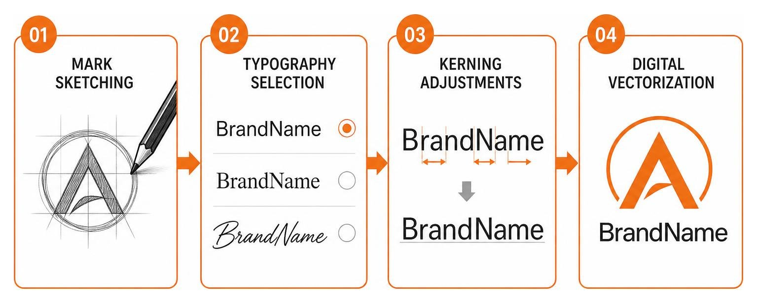 Step-by-step design workflow showing mark sketching, typography selection, kerning adjustments, and digital vectorization Step-by-step design workflow showing mark sketching, typography selection, kerning adjustments, and digital vectorization