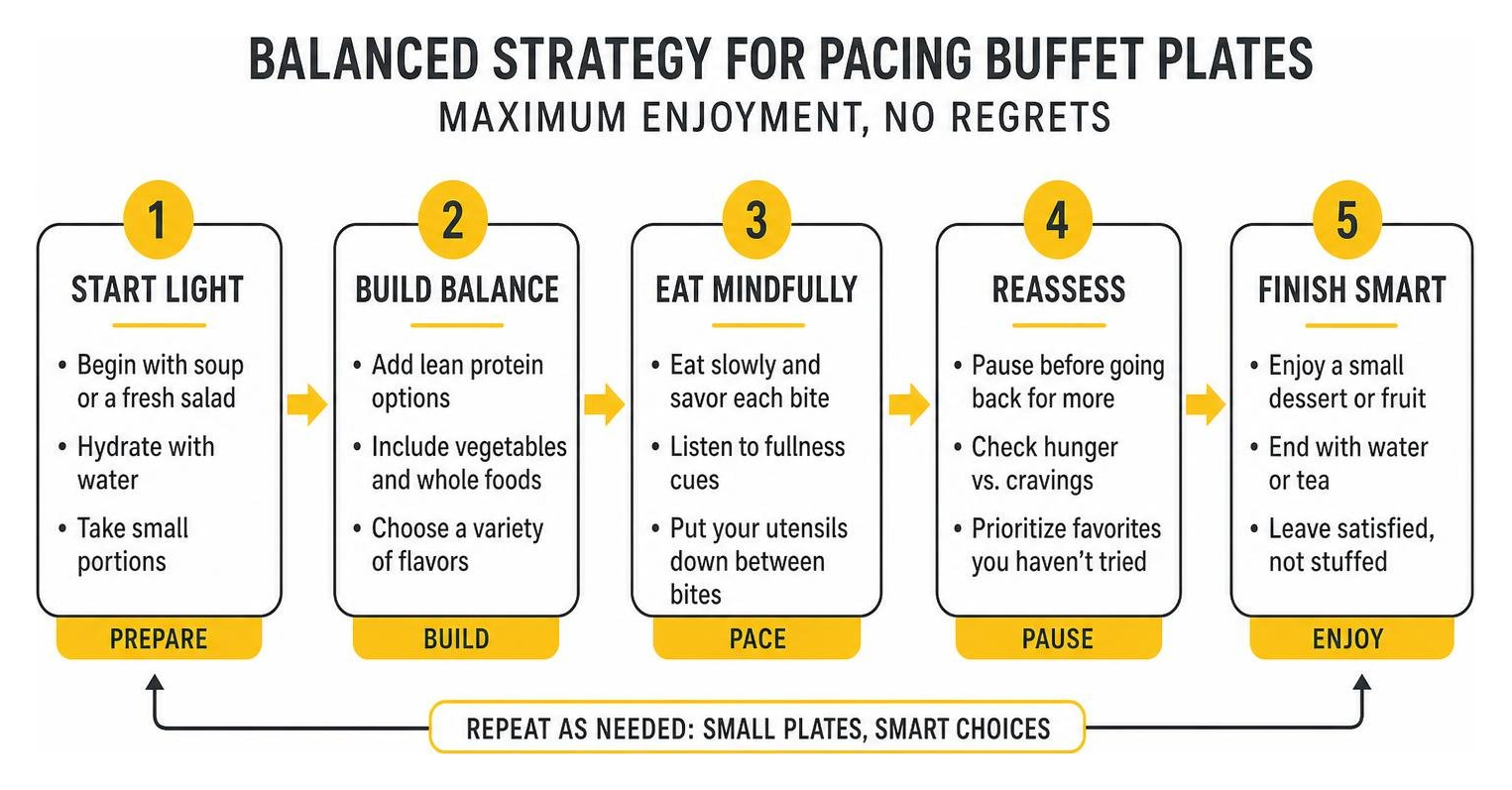 Diagram showing a balanced strategy for pacing buffet plates for maximum enjoyment