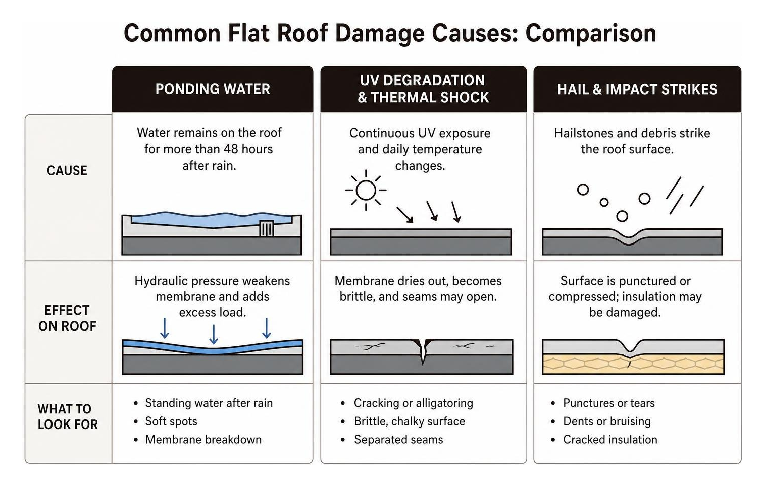 Comparison of common flat roof damage causes including ponding, UV wear, and hail compression