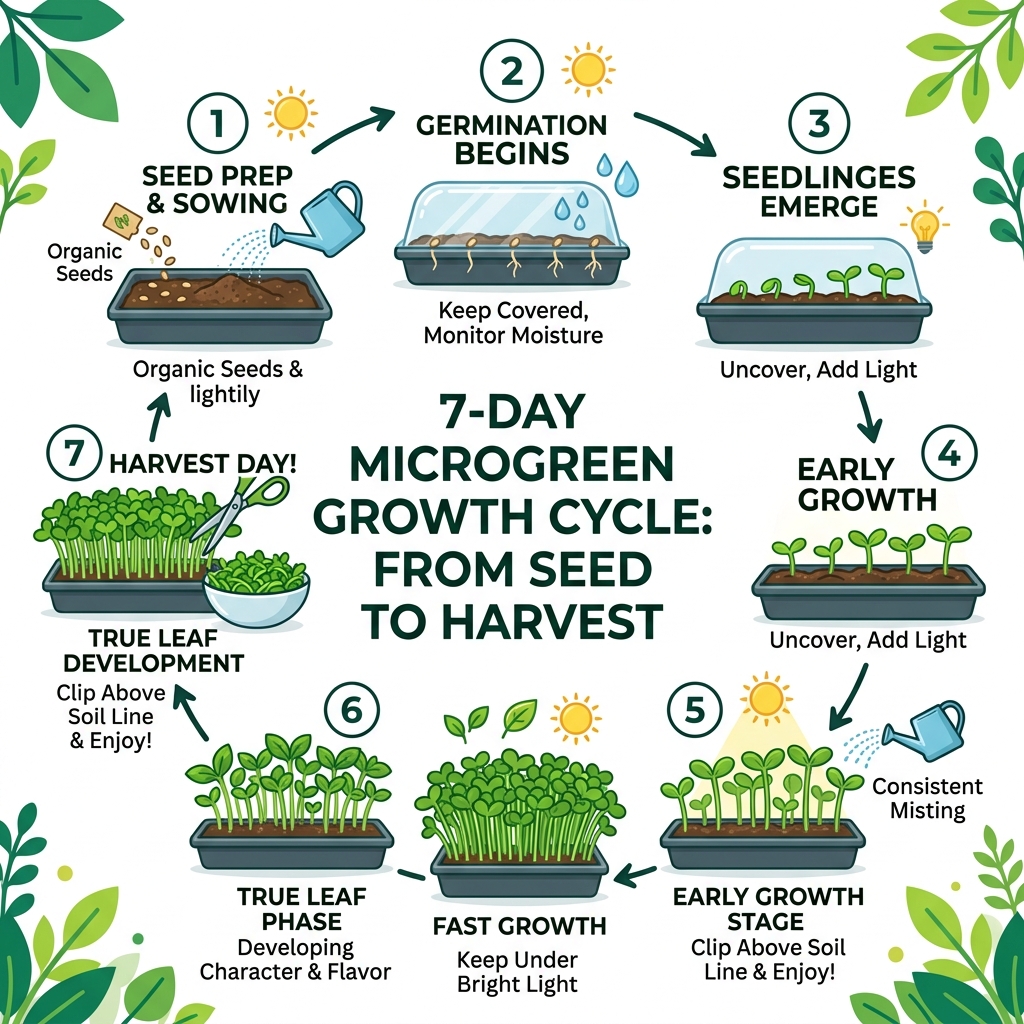 7-day microgreen growth cycle from seed to harvest infographic - organic microgreens seeds infographic 7-day microgreen growth cycle from seed to harvest infographic - organic microgreens seeds infographic