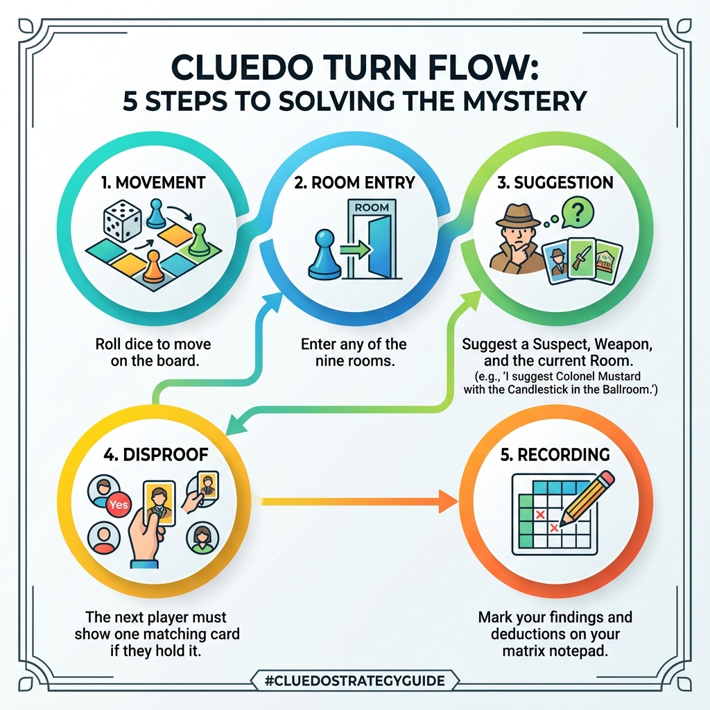 Cluedo turn flow infographic: movement, room entry, suggestion, disproof, recording - cluedo strategy guide infographic Cluedo turn flow infographic: movement, room entry, suggestion, disproof, recording - cluedo strategy guide infographic