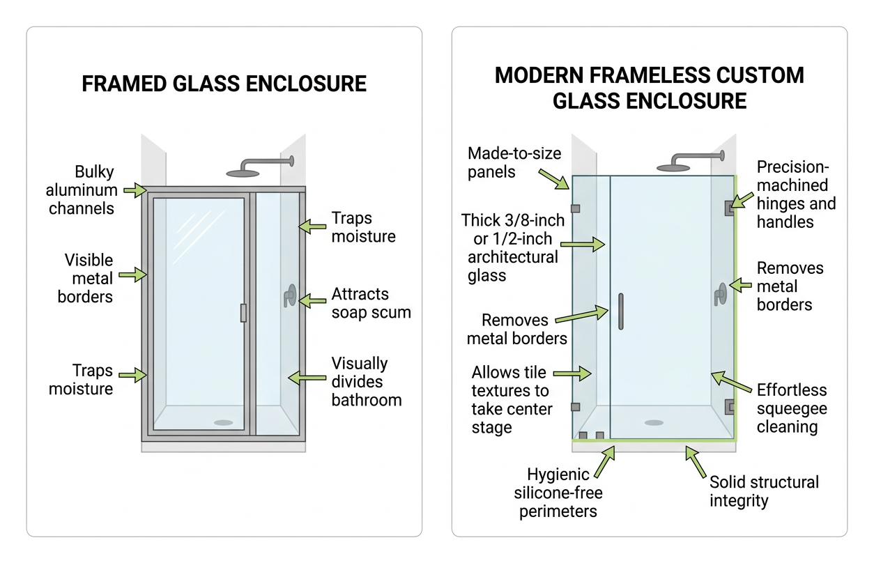 Comparison between framed glass and modern frameless custom glass enclosure Comparison between framed glass and modern frameless custom glass enclosure