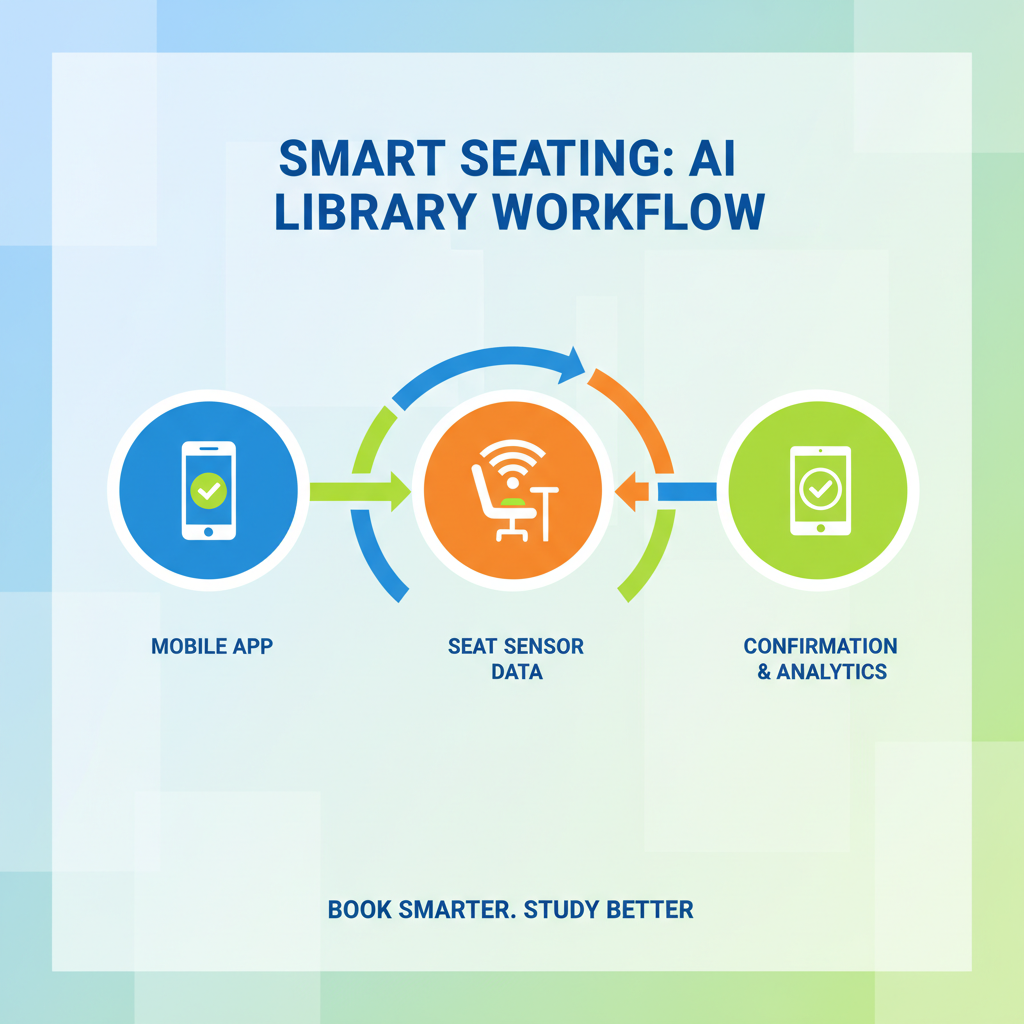 AI library seat booking workflow from mobile app to seat sensor to confirmation - ai library seat booker infographic 
