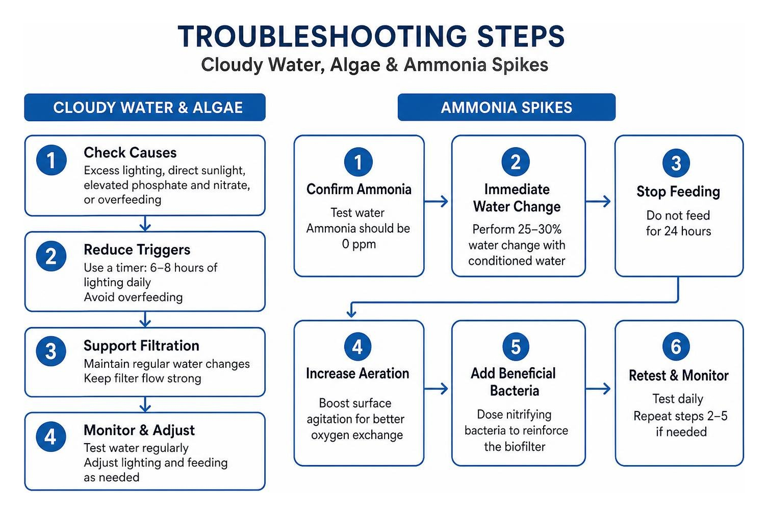 Troubleshooting steps for cloudy water algae and ammonia spikes
