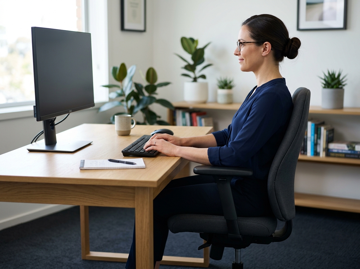 Side view of a person at a desk showing elbow height alignment and 90-degree arm angle - keyboard and mouse position