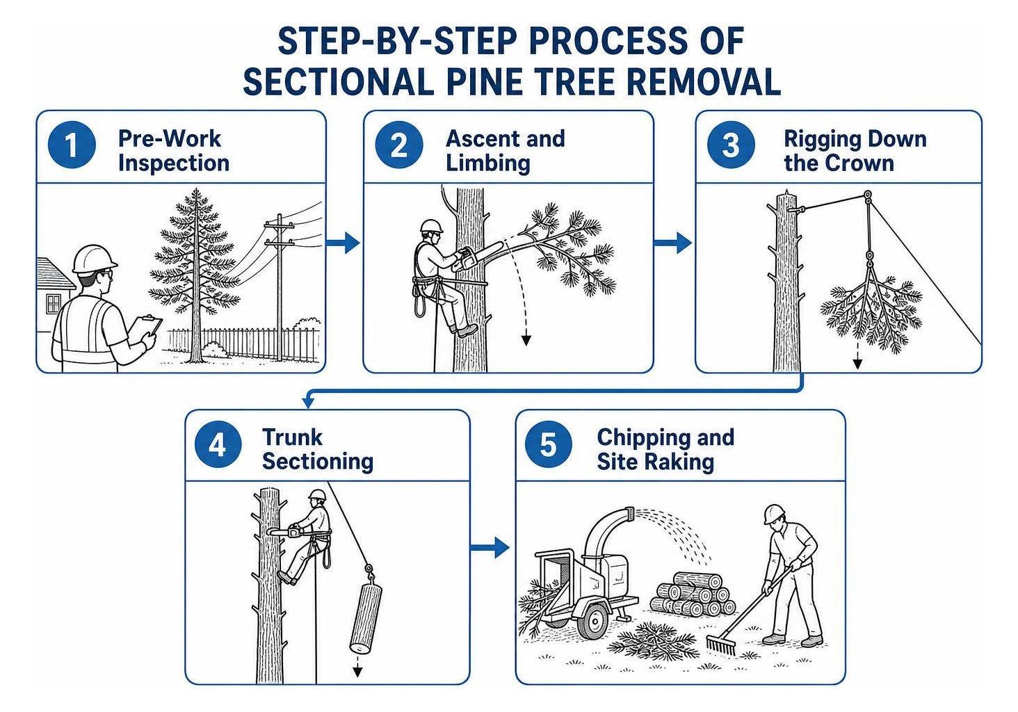 Step by step process of sectional pine tree removal Step by step process of sectional pine tree removal