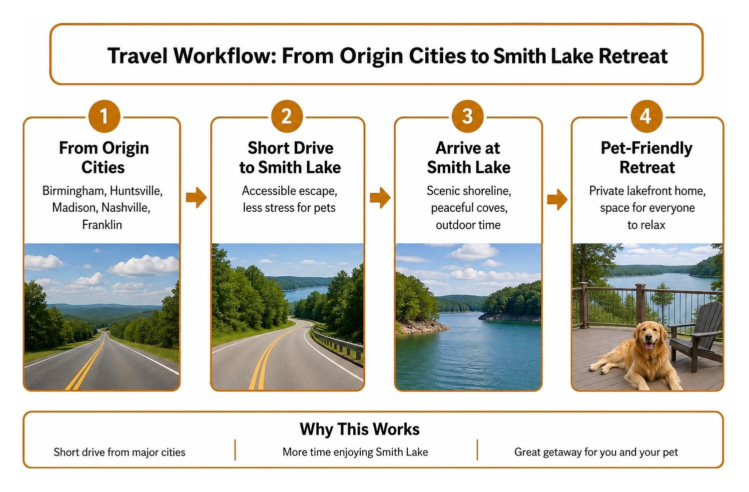 Travel workflow from origin cities to Smith Lake retreat