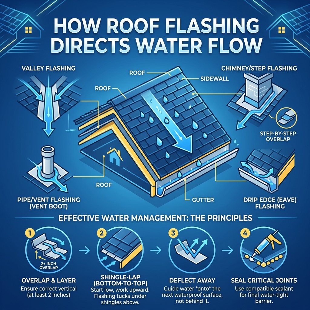 Infographic showing how roof flashing directs water flow away from joints and penetrations - how to install roof flashing