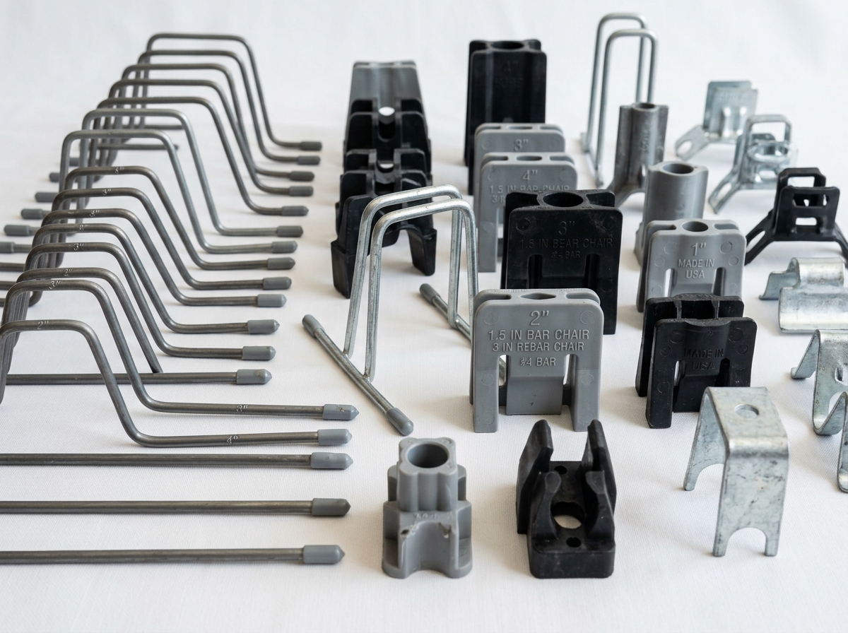 Various rebar chairs including plastic and metal versions for different heights - rebar chair distributor