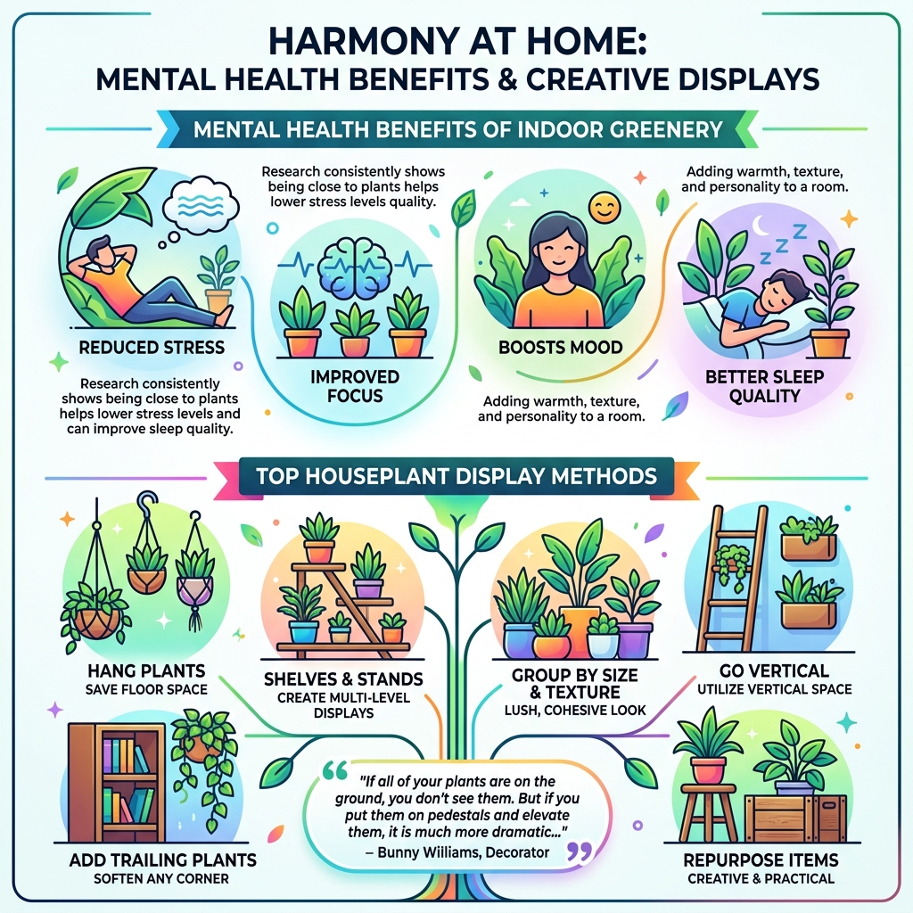 mental health benefits of indoor greenery and top houseplant display methods - houseplant display ideas infographic 