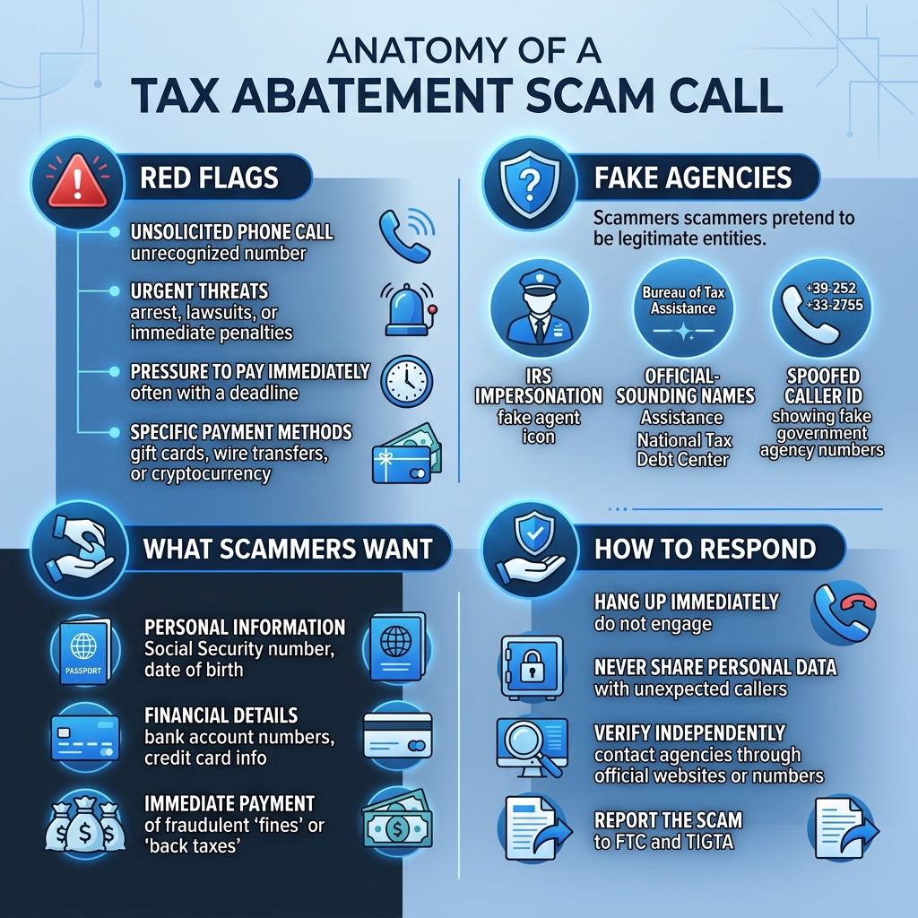 Anatomy of a tax abatement scam call - red flags, fake agencies, what scammers want, how to respond - tax abatement scam Anatomy of a tax abatement scam call - red flags, fake agencies, what scammers want, how to respond - tax abatement scam