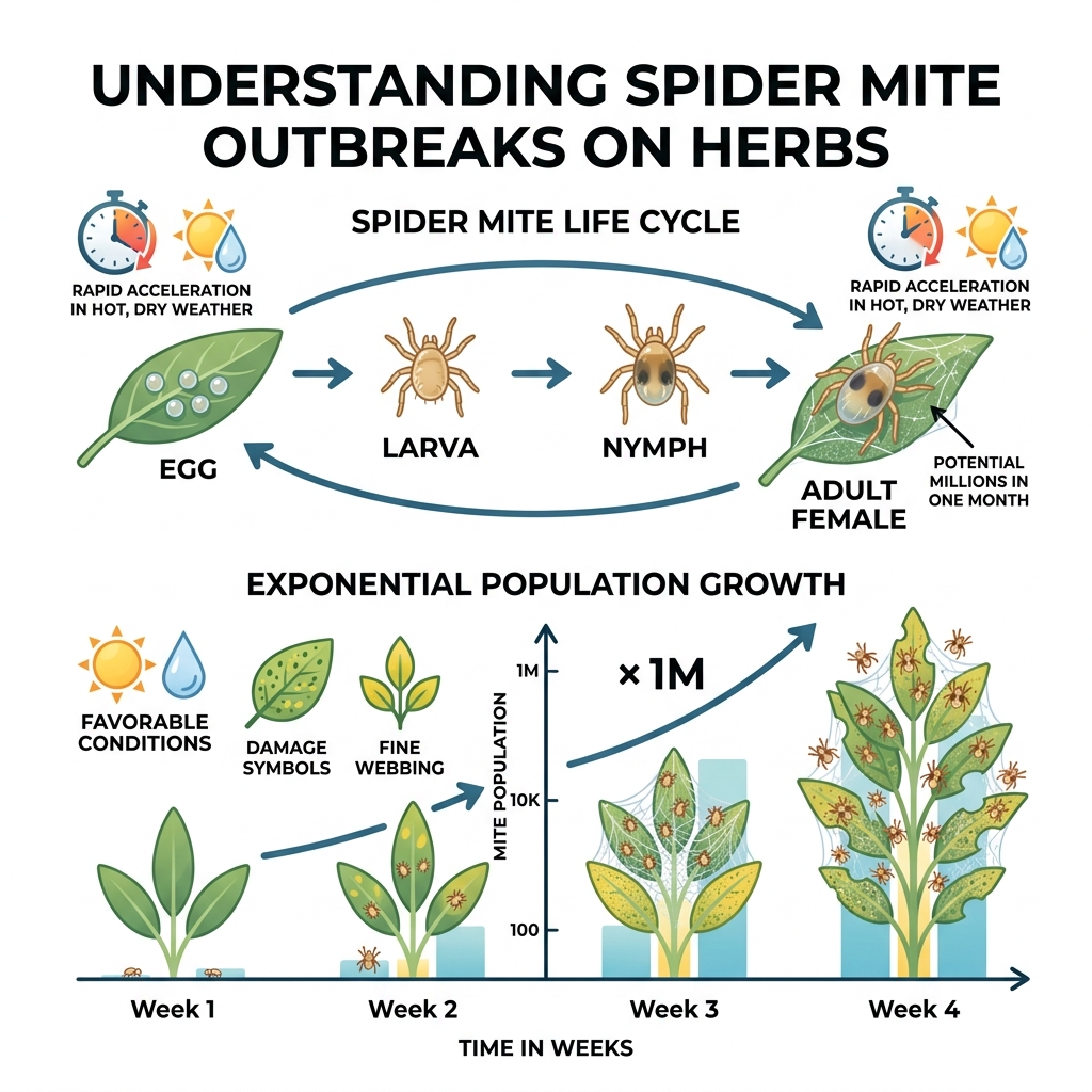 Spider mite life cycle and exponential population growth on herb plants infographic - sage spider mite oil infographic 