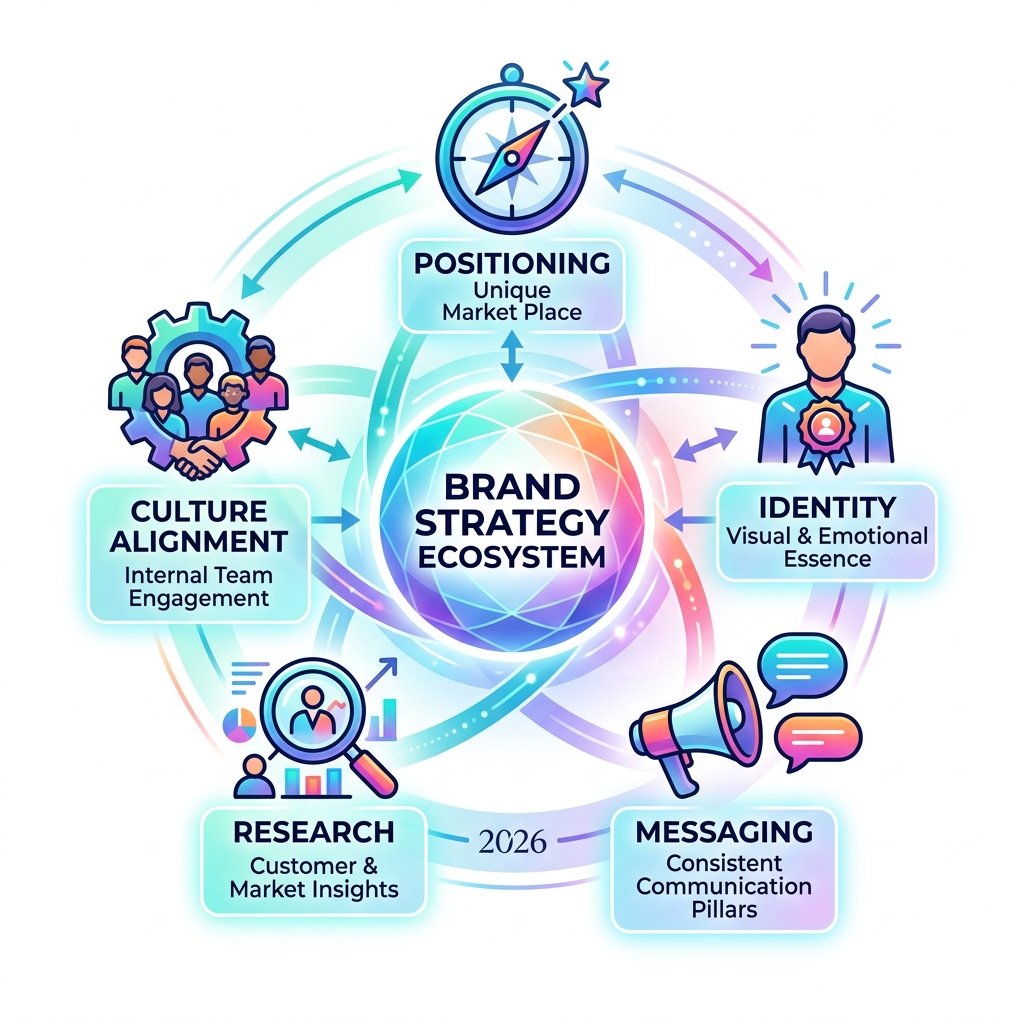 Brand strategy ecosystem showing positioning, identity, messaging, research, and culture alignment - brand strategy Brand strategy ecosystem showing positioning, identity, messaging, research, and culture alignment - brand strategy