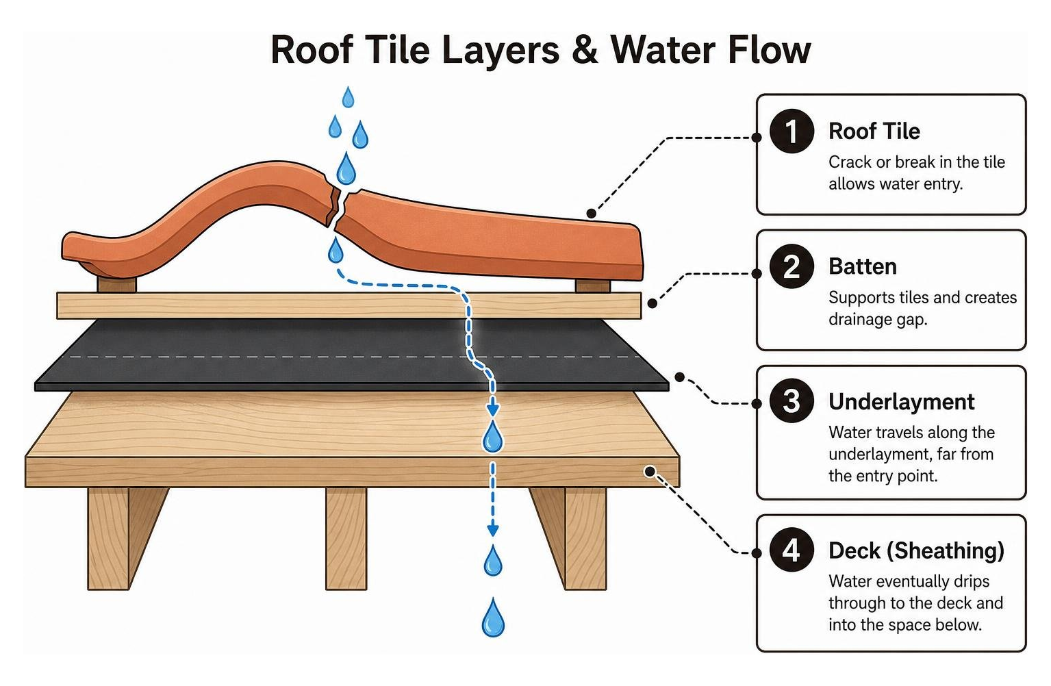 Roof tile layers and water flow from tile surface through underlayment to the deck