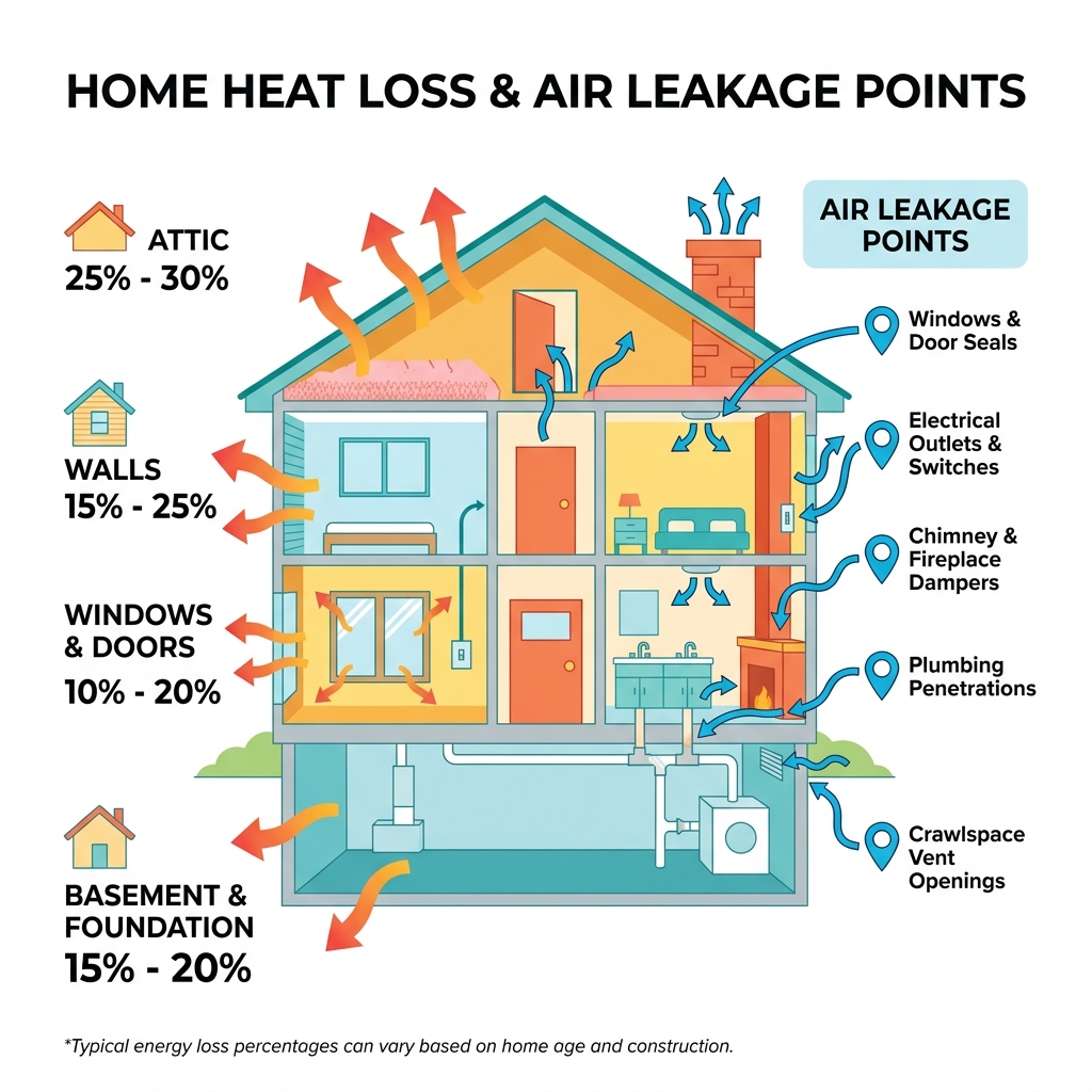 infographic showing home heat loss percentages and air leakage points by location - home insulation materials comparison