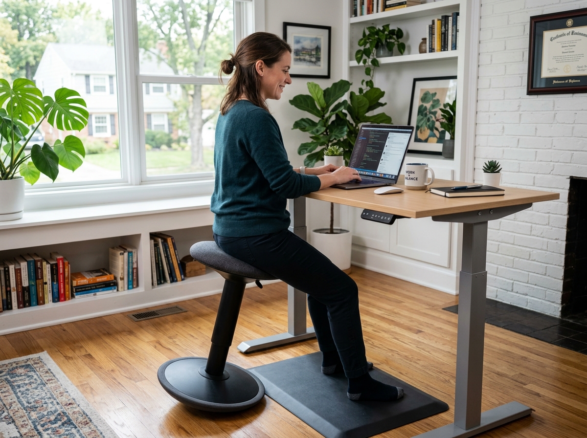 A modern wobble stool used at a height-adjustable desk - active sitting desk chair