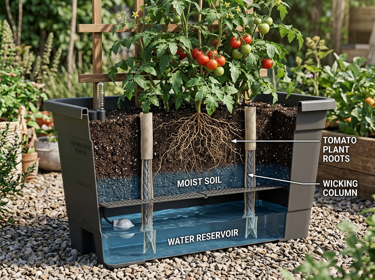 cross-section of a self-watering planter showing the water reservoir and soil wicking chambers - self watering pots for