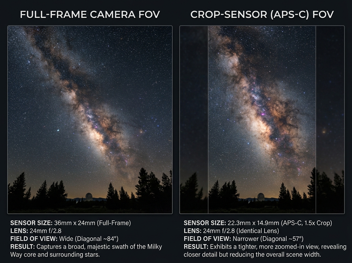 Illustration showing the difference between crop-sensor and full-frame fields of view on the night sky - best cameras for