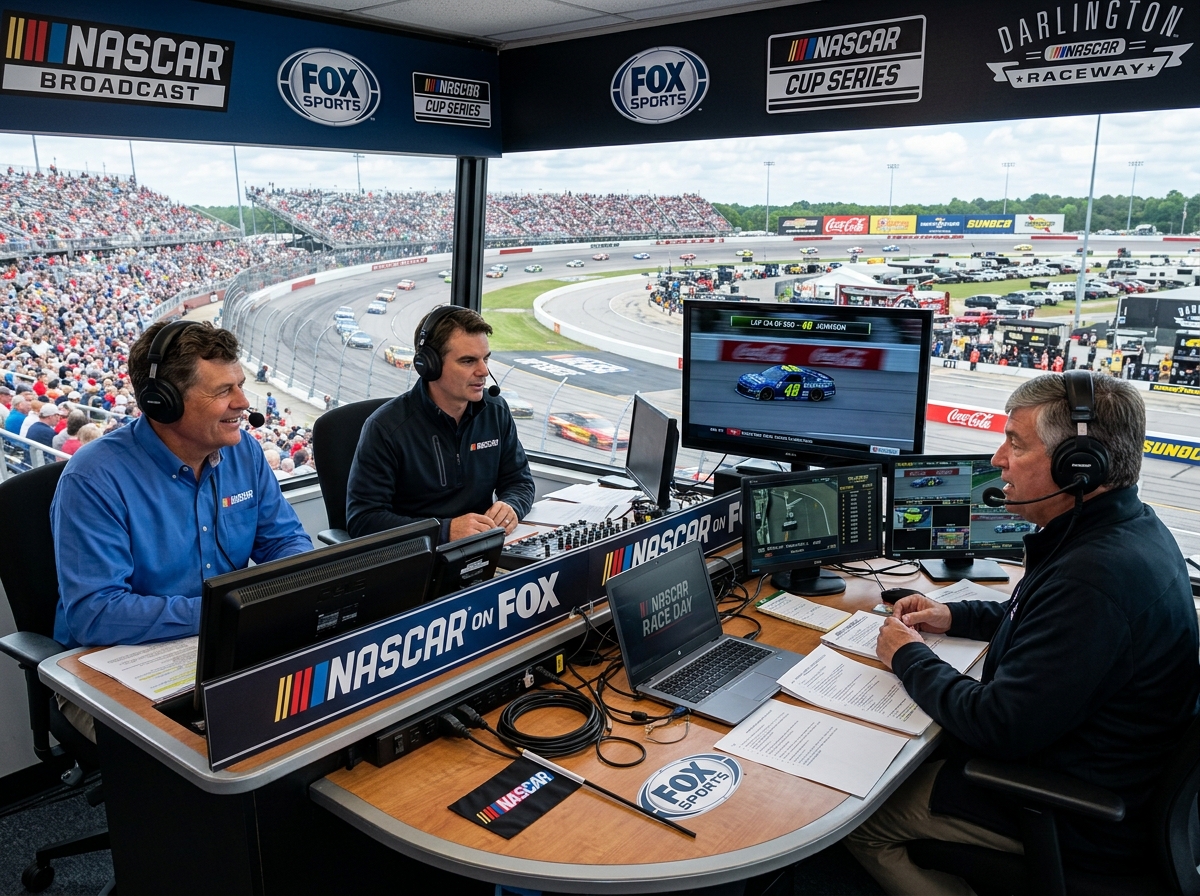 NASCAR broadcast booth featuring commentators for the 2026 season - 2026 nascar tv schedule