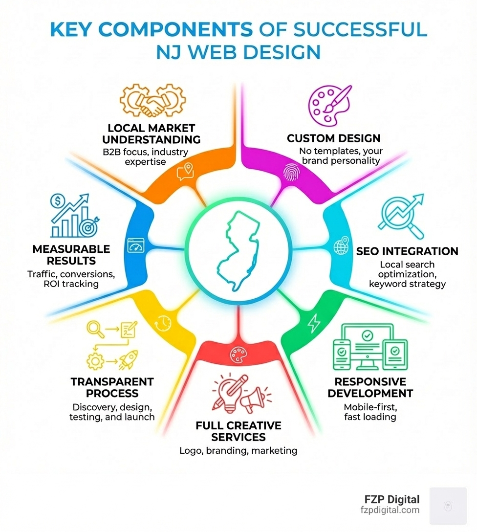 Infographic showing the key components of successful New Jersey web design: Local Market Understanding (B2B focus, industry expertise), Custom Design (no templates, your brand personality), SEO Integration (local search optimization, keyword strategy), Responsive Development (mobile-first, fast loading), Full Creative Services (logo, branding, marketing), Transparent Process (discovery, design, testing, launch), and Measurable Results (traffic, conversions, ROI tracking) - New Jersey web design infographic Infographic showing the key components of successful New Jersey web design: Local Market Understanding (B2B focus, industry expertise), Custom Design (no templates, your brand personality), SEO Integration (local search optimization, keyword strategy), Responsive Development (mobile-first, fast loading), Full Creative Services (logo, branding, marketing), Transparent Process (discovery, design, testing, launch), and Measurable Results (traffic, conversions, ROI tracking) - New Jersey web design infographic