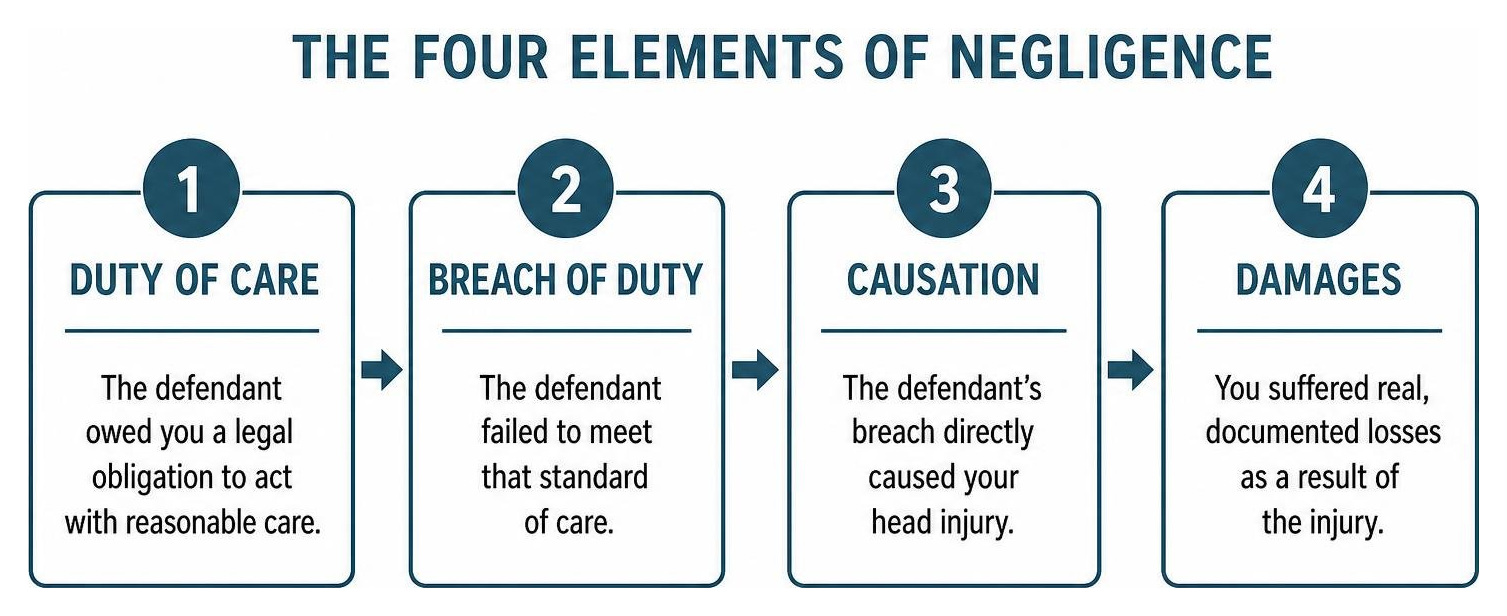 Diagram outlining the step-by-step elements required to prove negligence in a personal injury case Diagram outlining the step-by-step elements required to prove negligence in a personal injury case