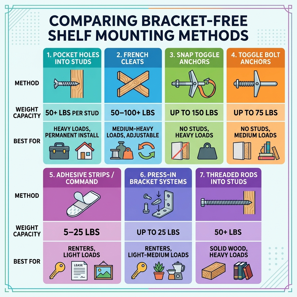 Infographic comparing bracket-free shelf mounting methods, weight limits, and best use cases - hanging a shelf without