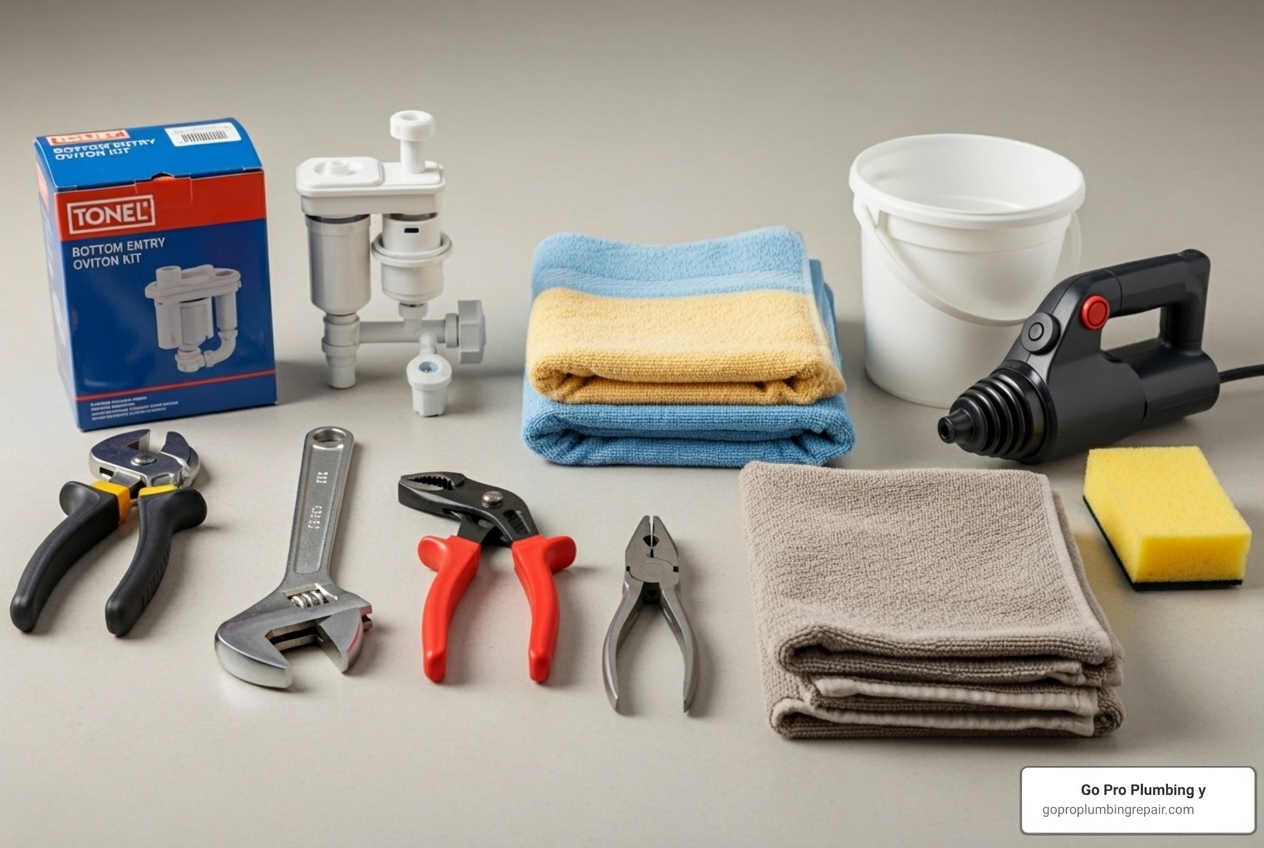 All tools and materials laid out neatly: new bottom entry fill valve kit, adjustable wrench, pliers, bucket, old towels or rags, sponge or wet-vac - replace bottom entry fill valve