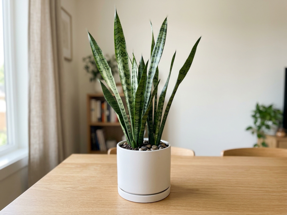 A resilient Snake Plant in a minimalist pot - easy care green house plants