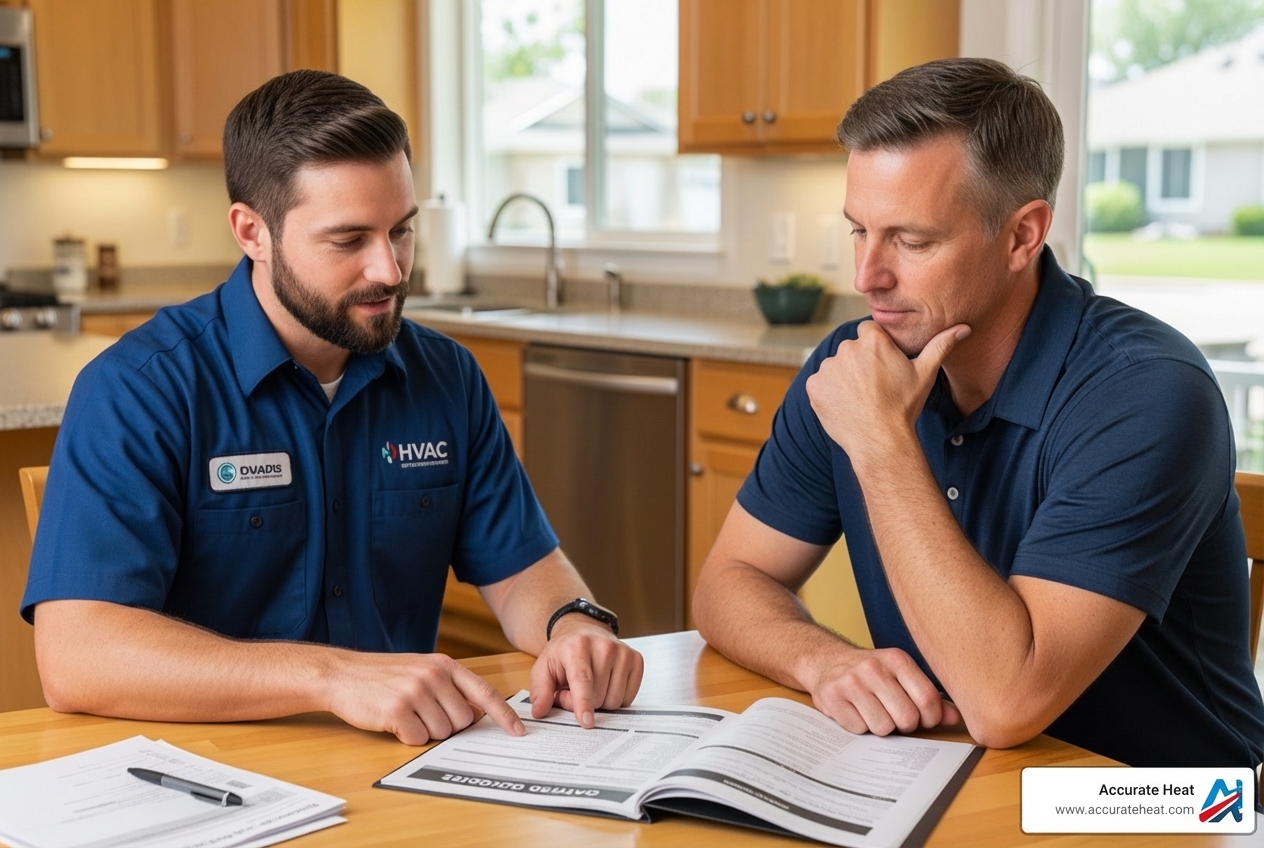 Homeowner reviewing a detailed quote with an HVAC technician - new boiler replacement