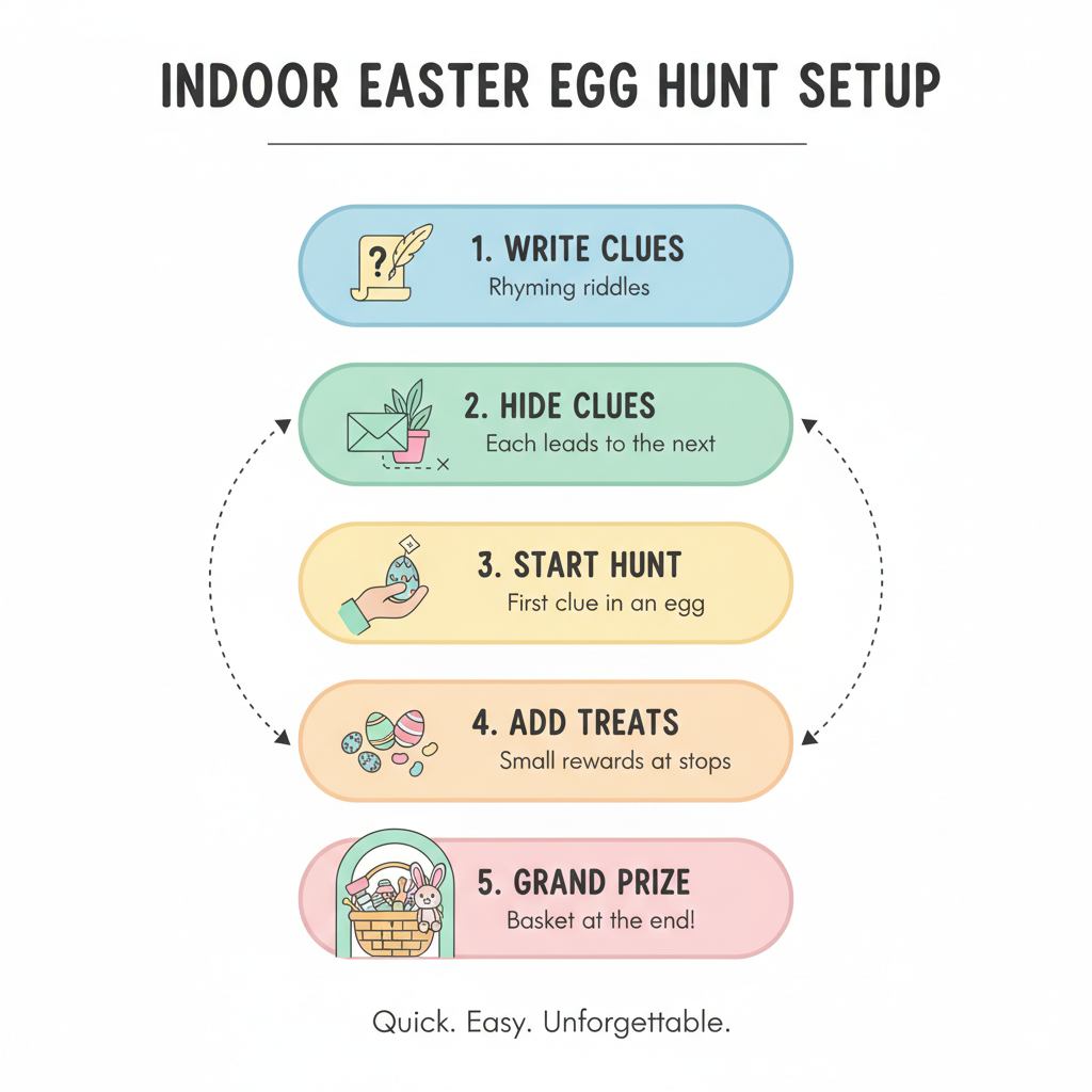 5-step setup infographic for an indoor Easter scavenger hunt with clues and prizes - indoor easter scavenger hunt