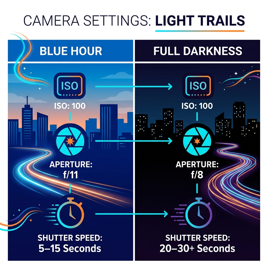 Table comparing camera settings for blue hour versus full darkness - long exposure light trails infographic Table comparing camera settings for blue hour versus full darkness - long exposure light trails infographic