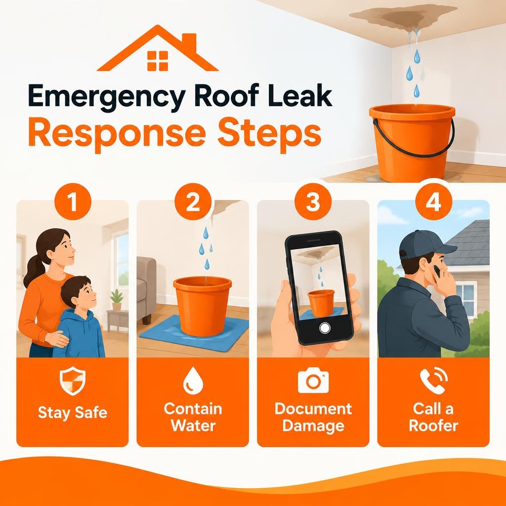 Emergency roof leak response steps: stay safe, contain water, document damage, call a roofer infographic Emergency roof leak response steps: stay safe, contain water, document damage, call a roofer infographic