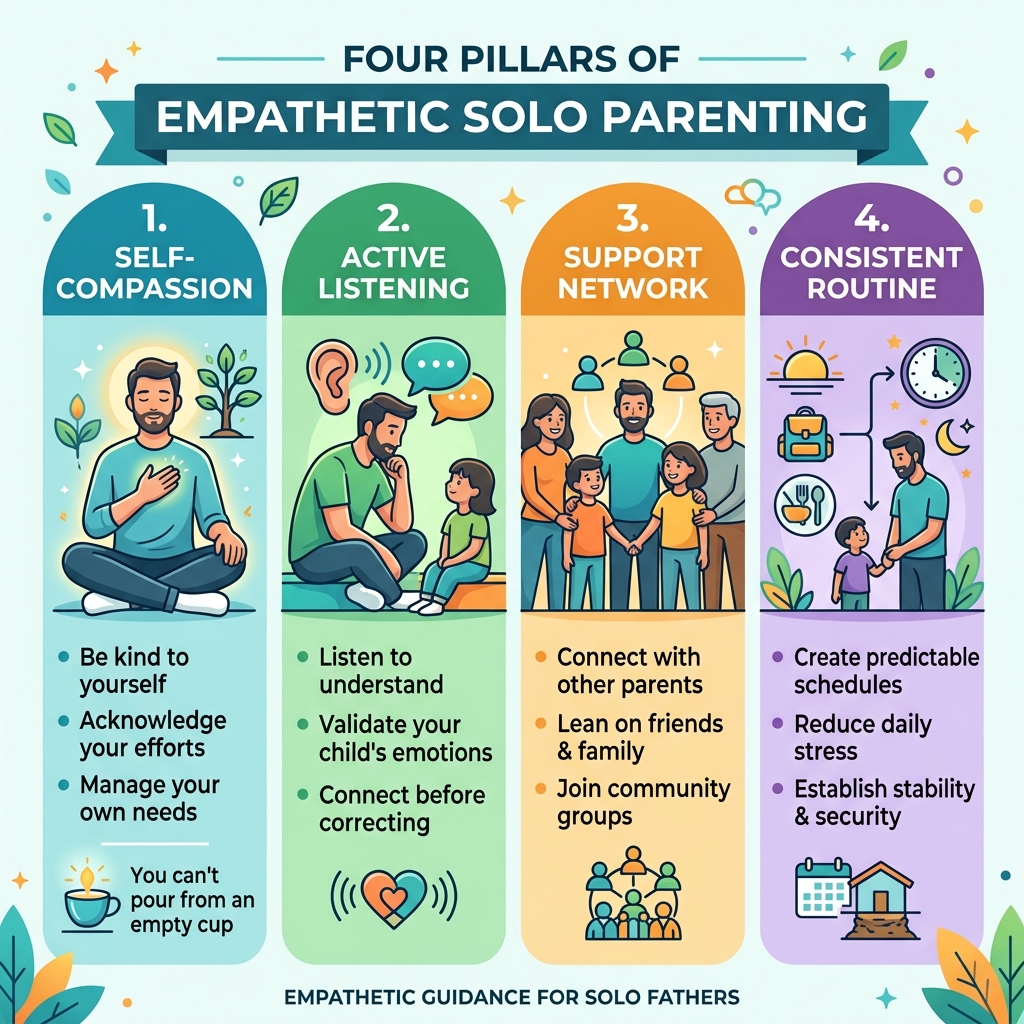 Four pillars of empathetic solo parenting: self-compassion, active listening, support network, consistent routine Four pillars of empathetic solo parenting: self-compassion, active listening, support network, consistent routine