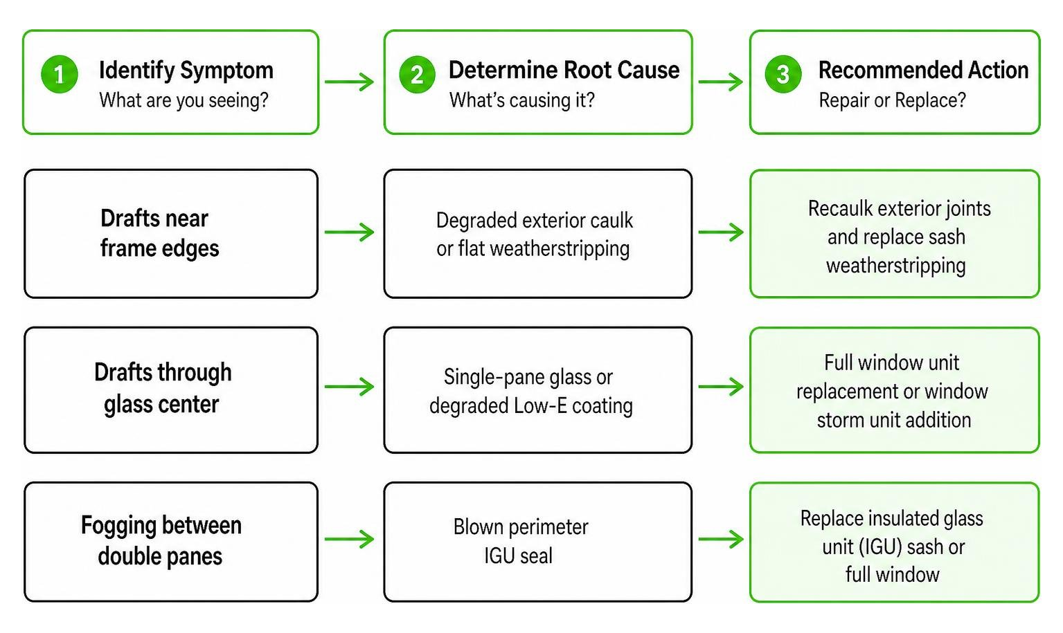 Window failure diagnostic and decision framework process flow Window failure diagnostic and decision framework process flow