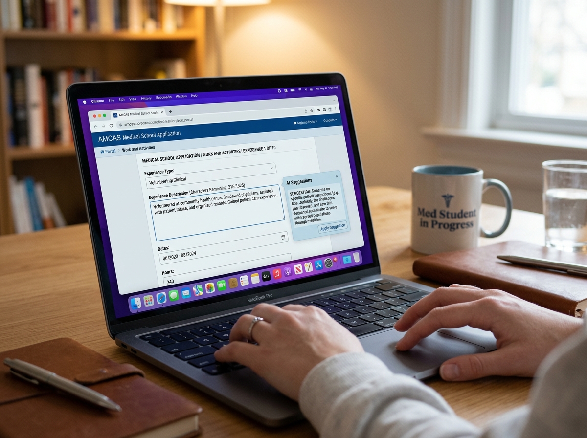 A medical school application on a laptop screen with AI suggestions for storytelling - ai medical school prep A medical school application on a laptop screen with AI suggestions for storytelling - ai medical school prep