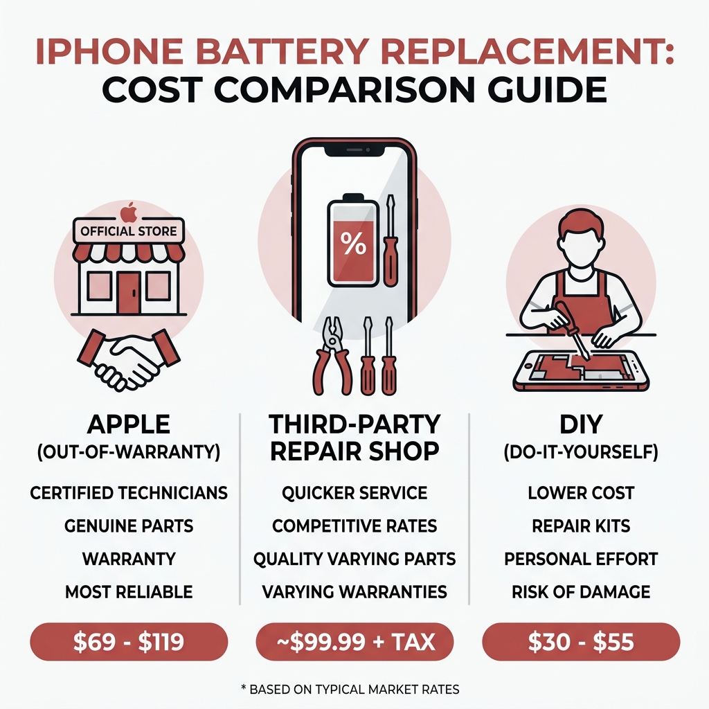 iPhone battery replacement cost comparison infographic showing Apple vs third-party vs DIY pricing tiers - iphone battery