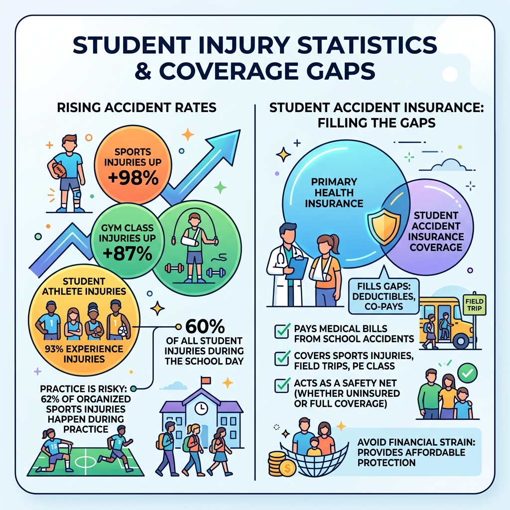 Student injury statistics infographic showing rising accident rates and coverage gaps - student accident insurance coverage