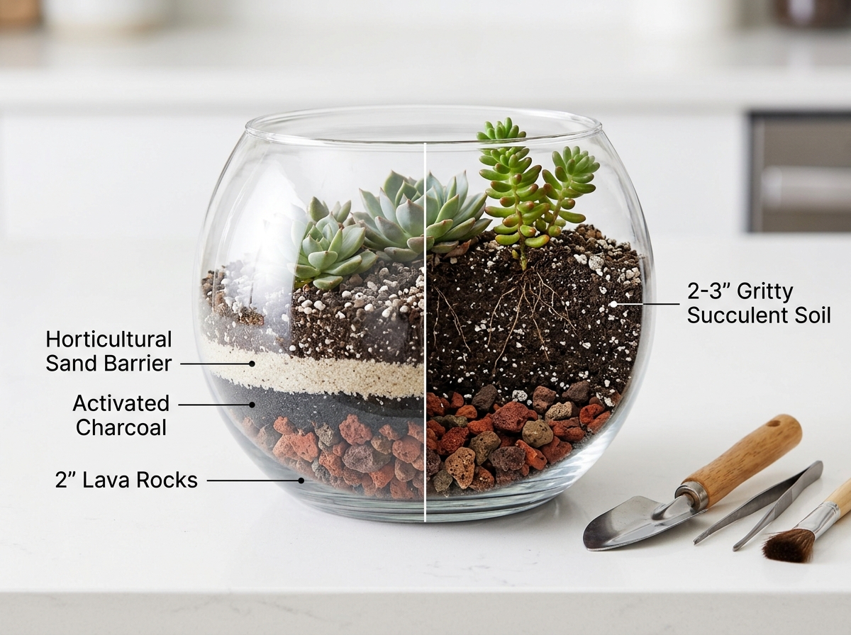 Step-by-step layering process for a succulent terrarium bowl - succulent terrarium bowl