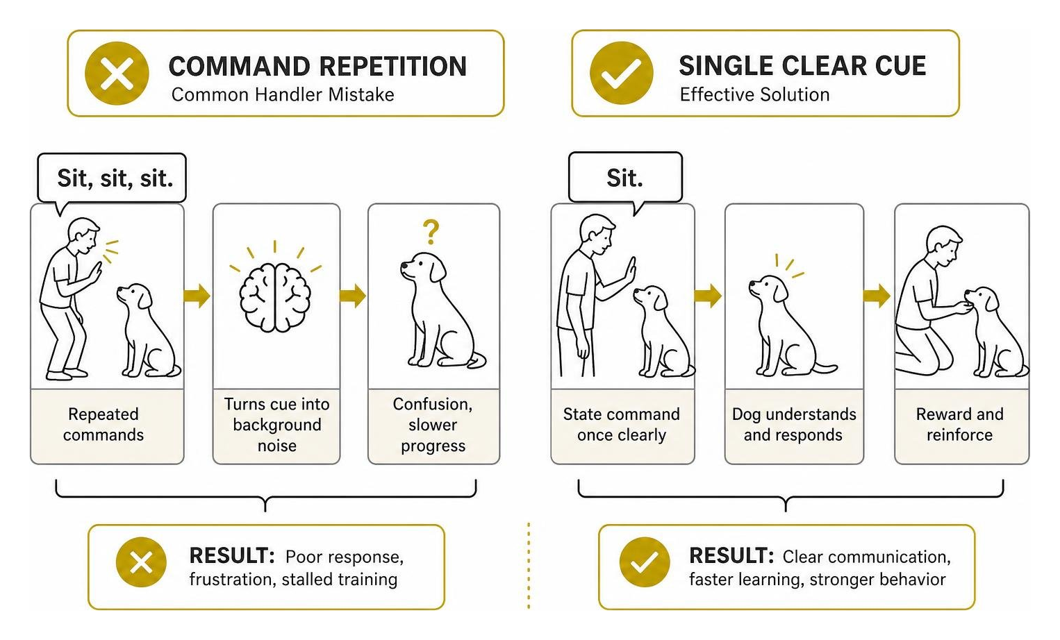 handler mistakes and solutions diagram showing command repetition vs single clear cue handler mistakes and solutions diagram showing command repetition vs single clear cue