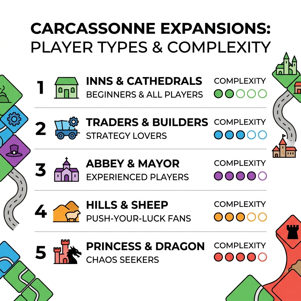 Carcassonne expansions ranked by player type and complexity infographic - best carcassonne expansions infographic 