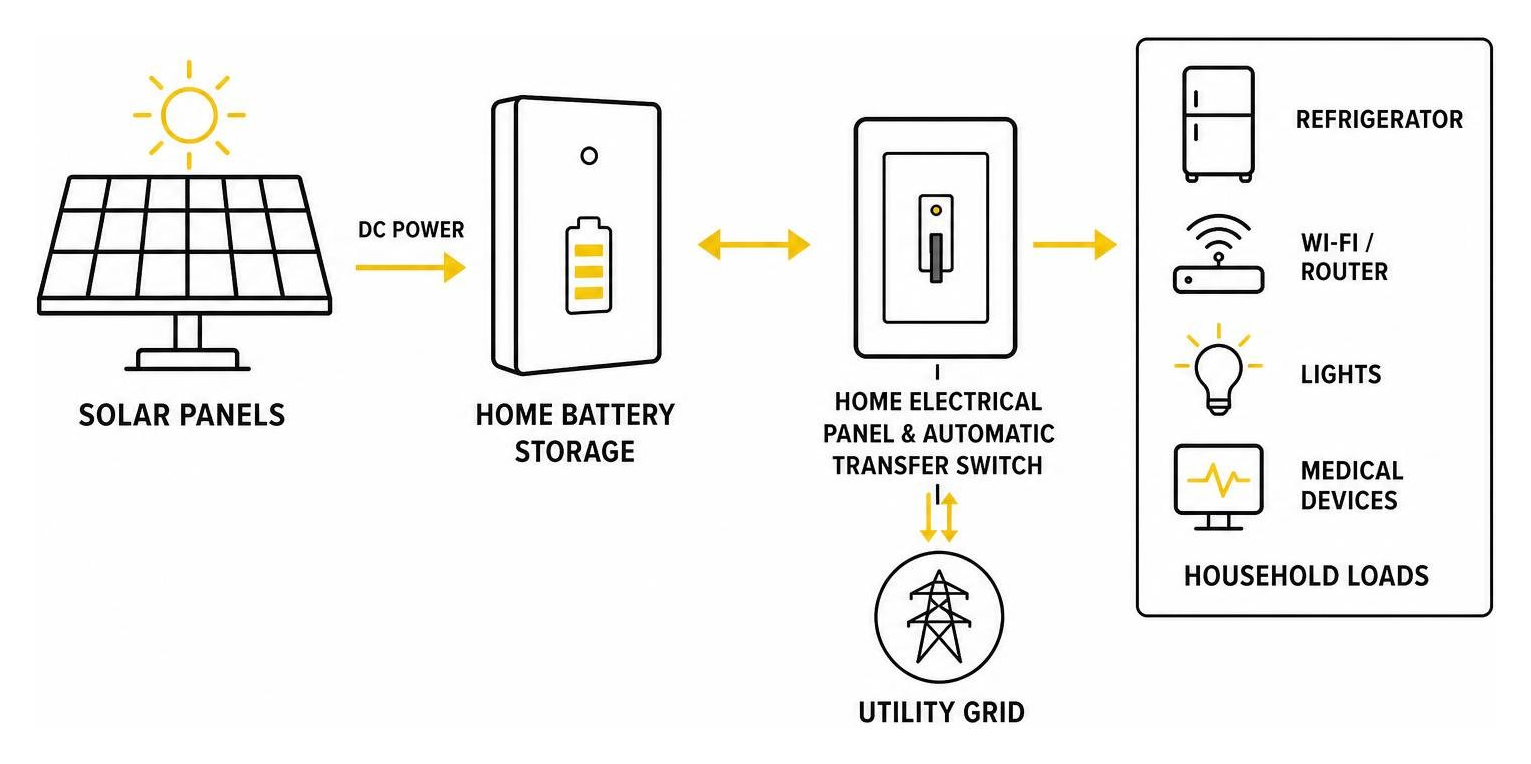 Power flow diagram showing solar panels charging home battery storage and feeding household loads Power flow diagram showing solar panels charging home battery storage and feeding household loads